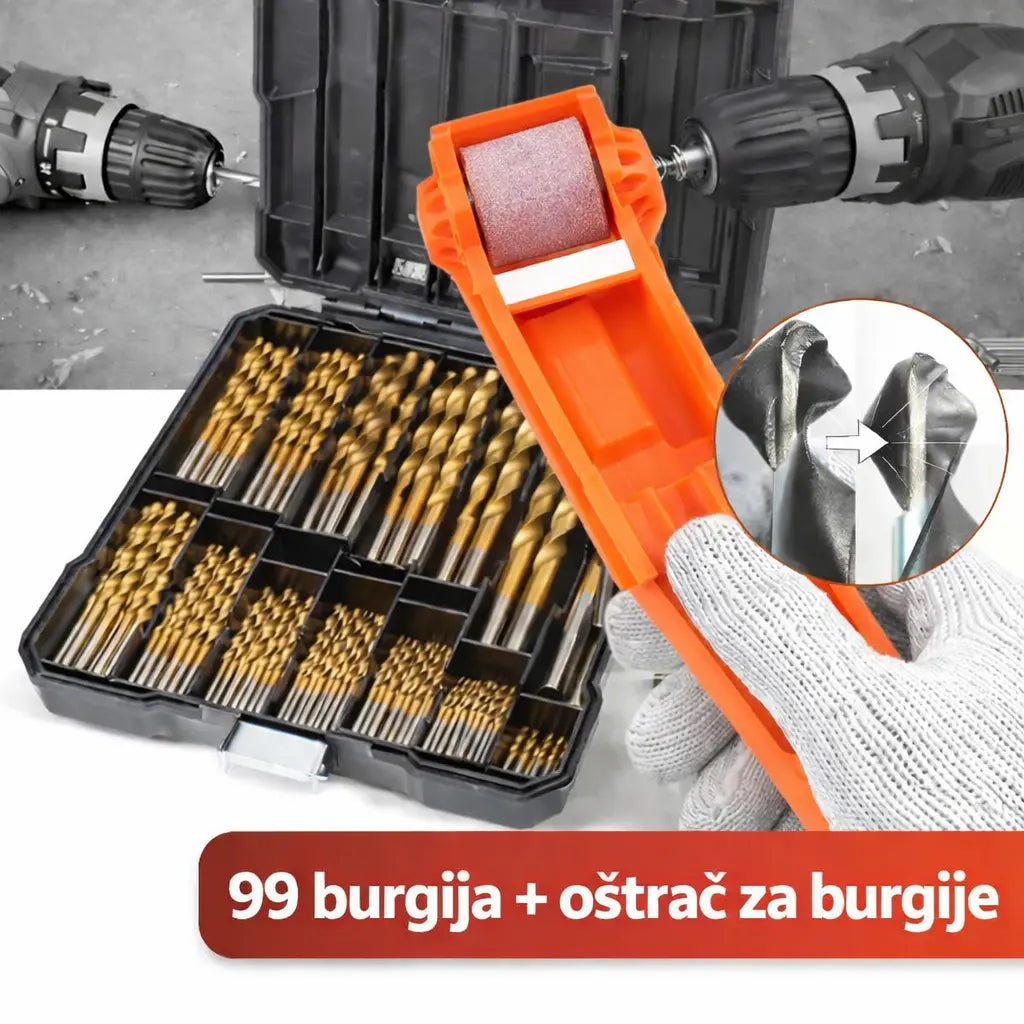 Set burgija presvučenih TITANIJUMOM 99 komada + oštrac burgija - Vufri Shop
